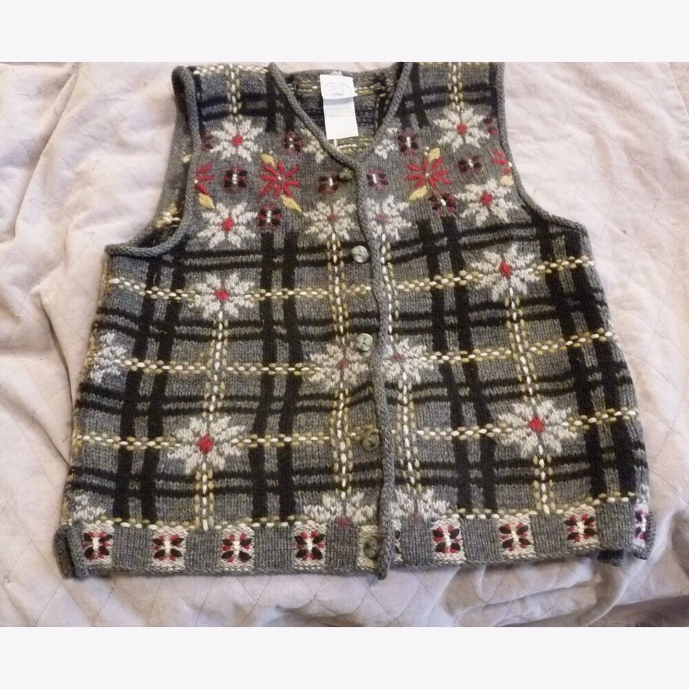 Vintage Laura Ashley Wool Knit Embroidered Sweater Vest Fair Isle Nordic Plaid M